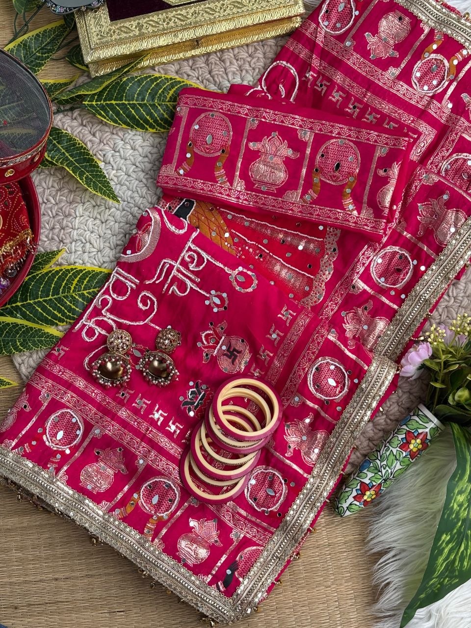 KARVA CHAUTH SPECIAL PINK COLOR HANDWORK SAREE