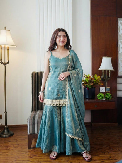 BLUE COLOR PREMIUM FENDY SILK BASE PLAZZO SUIT SET