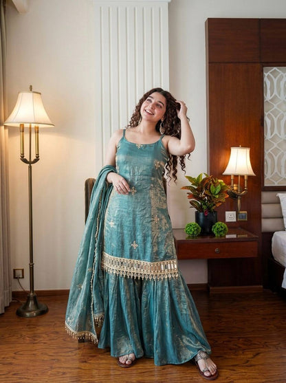 BLUE COLOR PREMIUM FENDY SILK BASE PLAZZO SUIT SET