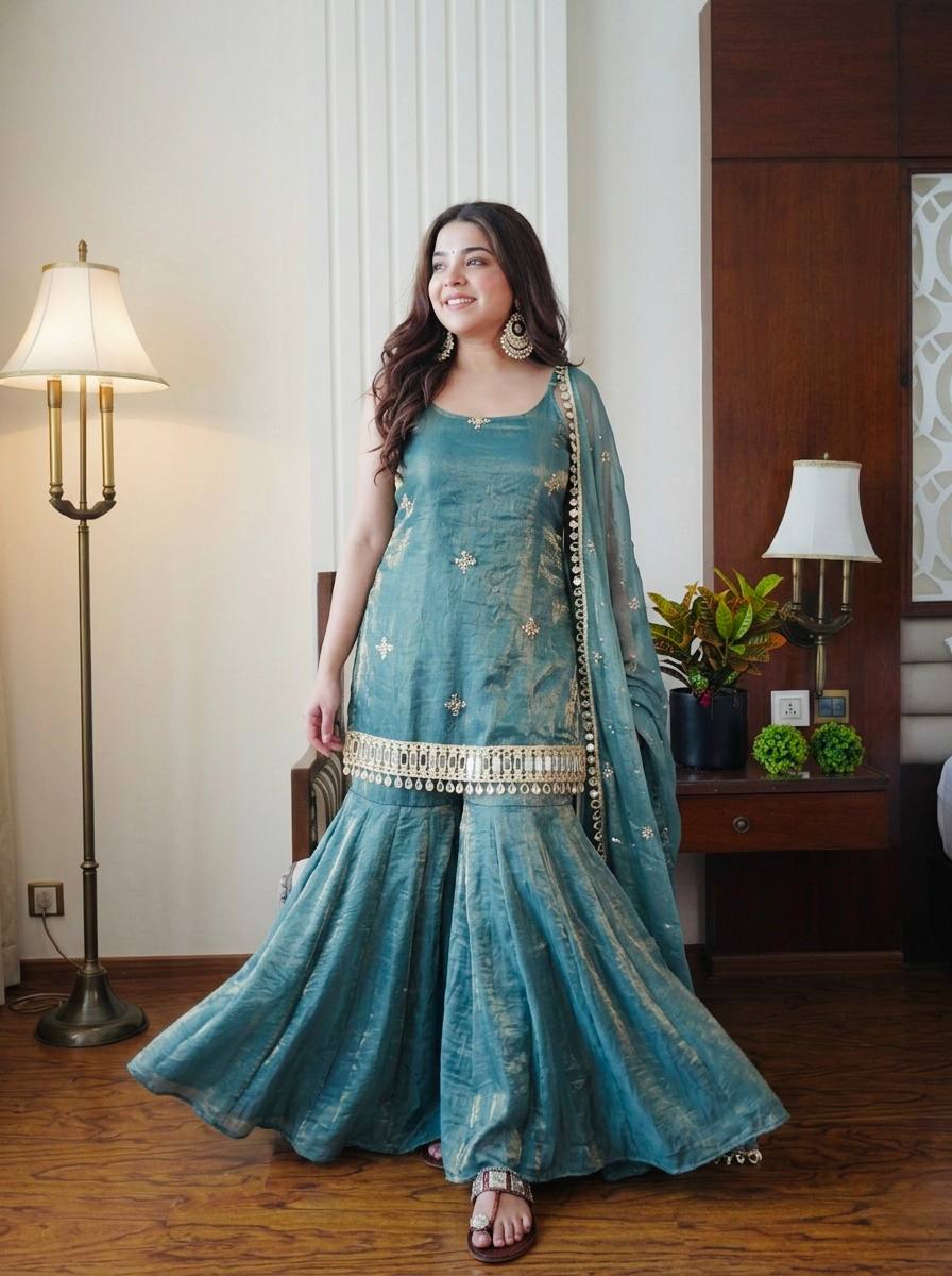BLUE COLOR PREMIUM FENDY SILK BASE PLAZZO SUIT SET