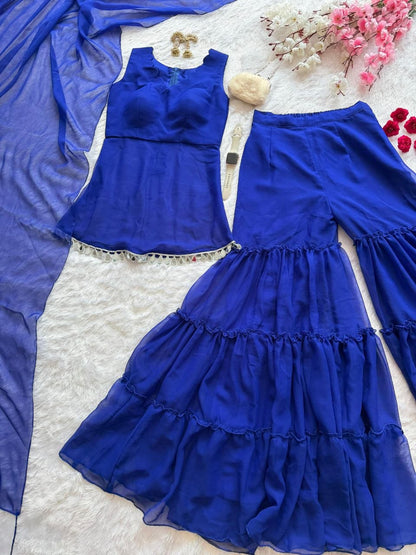 ZARAA ROYAL BLUE FLARED SHARARA SET