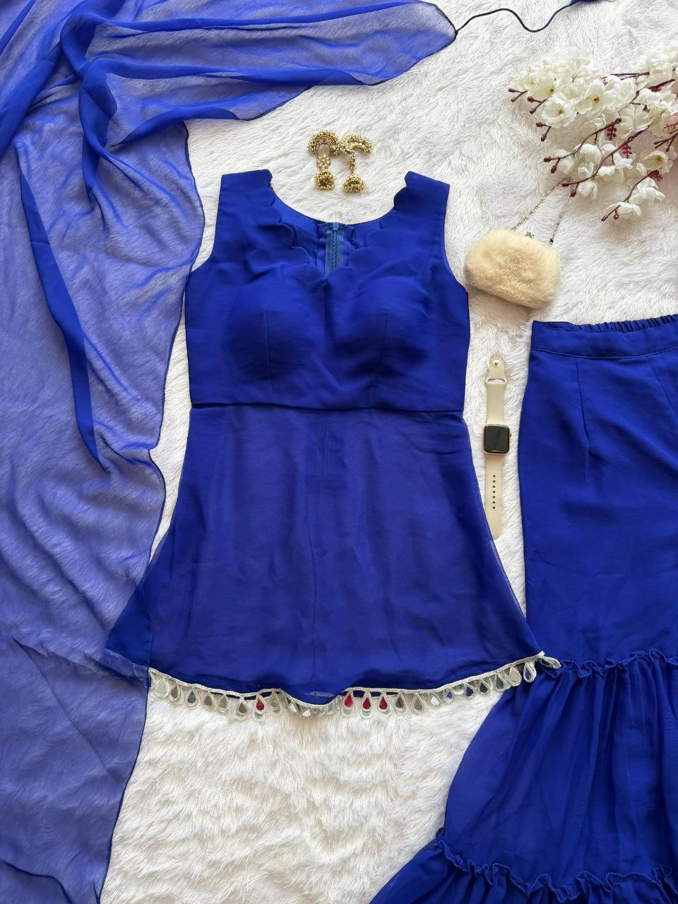 ZARAA ROYAL BLUE FLARED SHARARA SET