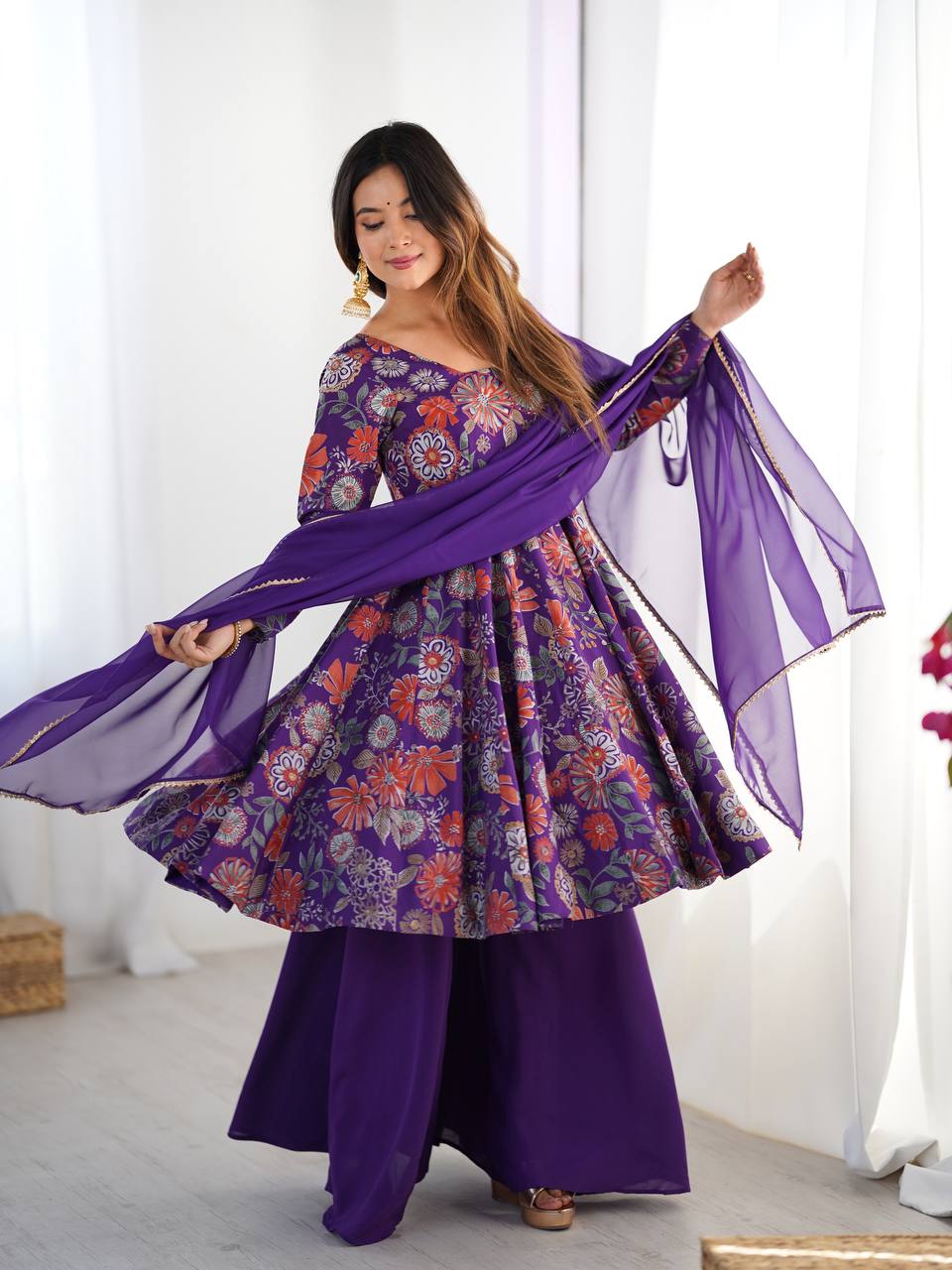 PURPLE COLOR ROMAN SILK BASE PRINTED PLAZZO SUIT SET OF 3