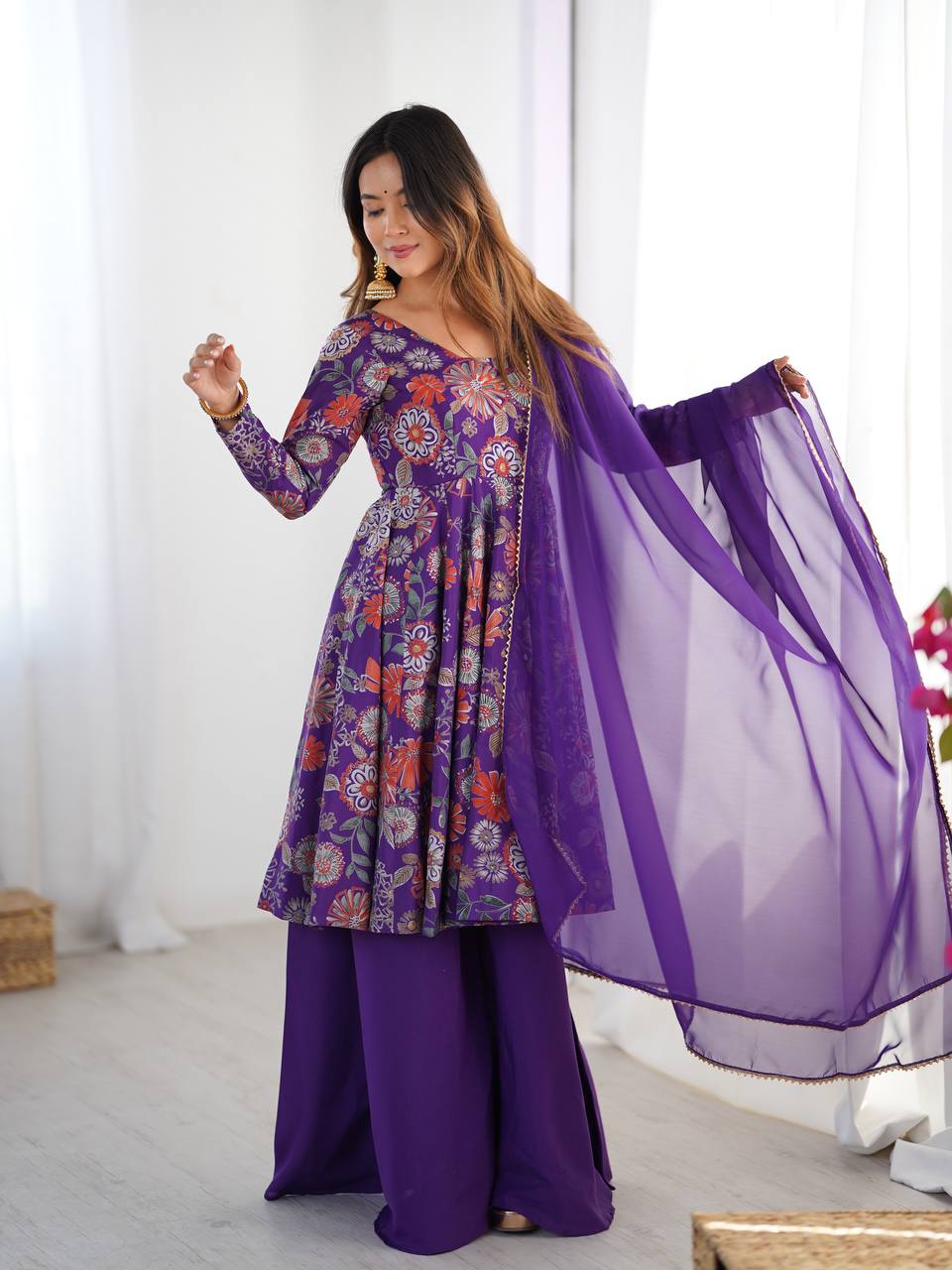 PURPLE COLOR ROMAN SILK BASE PRINTED PLAZZO SUIT SET OF 3