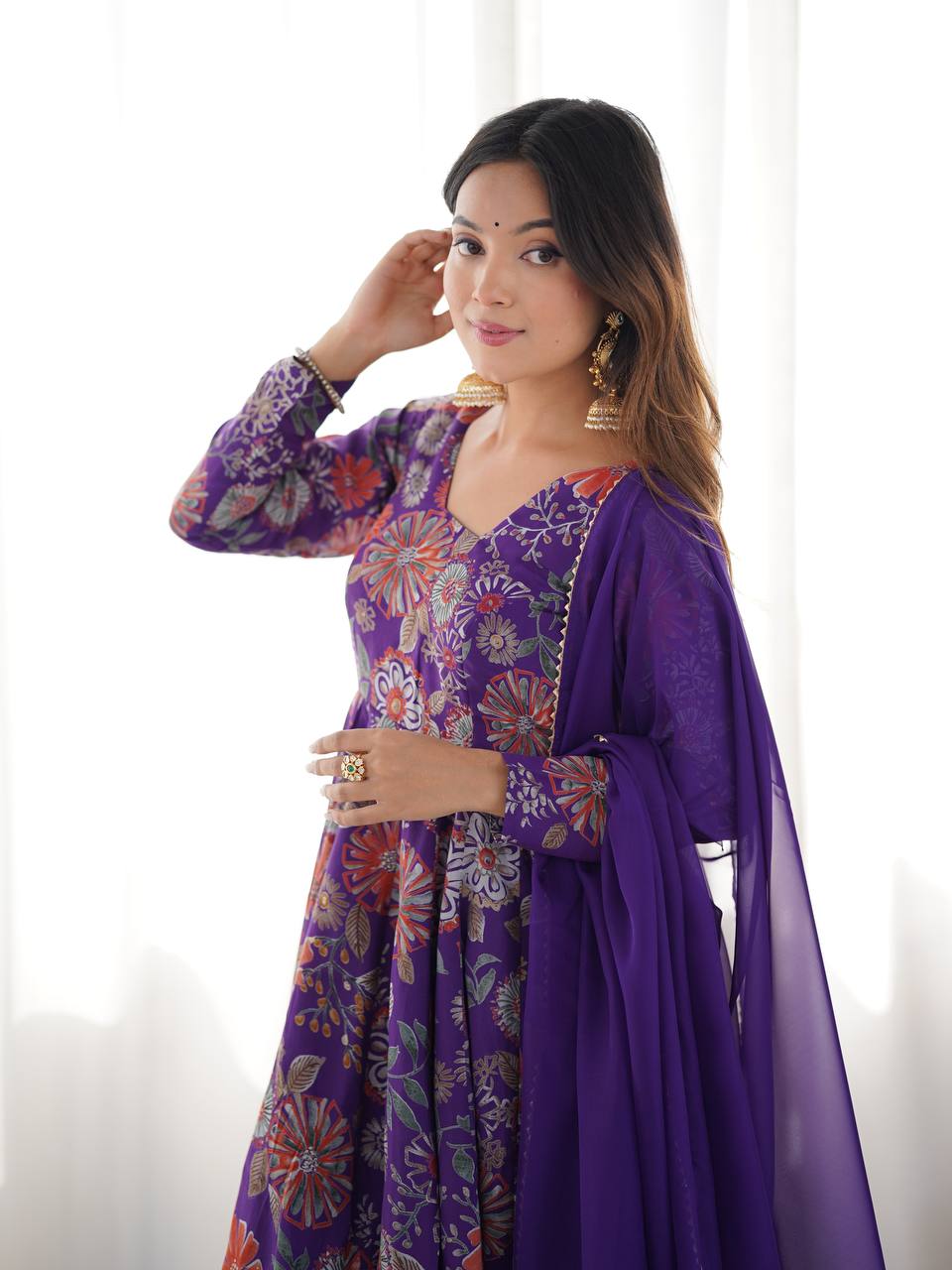 PURPLE COLOR ROMAN SILK BASE PRINTED PLAZZO SUIT SET OF 3