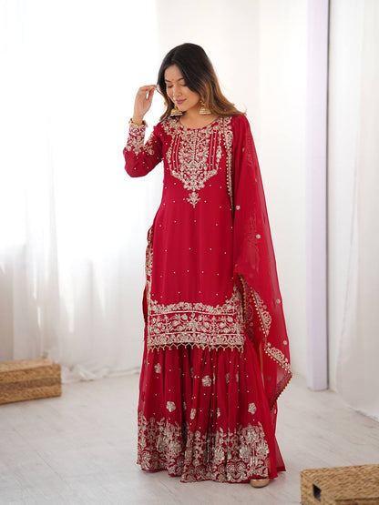 RED COLOR FAUX GEORGETTE FABRIC SEQUENCE AND THREAD WITH PEARL WORK SHARARA SET