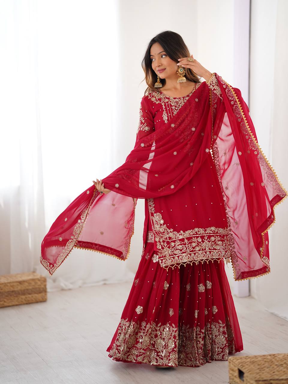 RED COLOR FAUX GEORGETTE FABRIC SEQUENCE AND THREAD WITH PEARL WORK SHARARA SET