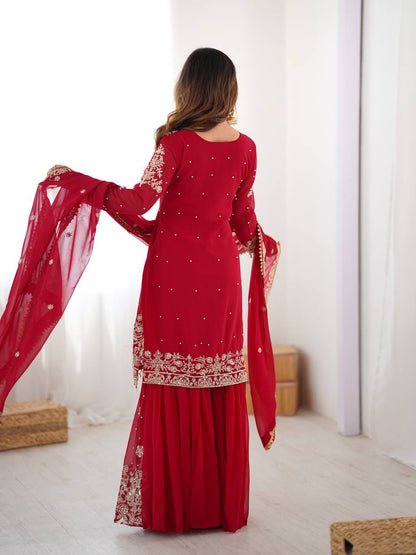 RED COLOR FAUX GEORGETTE FABRIC SEQUENCE AND THREAD WITH PEARL WORK SHARARA SET