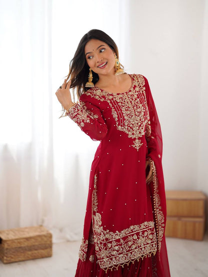 RED COLOR FAUX GEORGETTE FABRIC SEQUENCE AND THREAD WITH PEARL WORK SHARARA SET