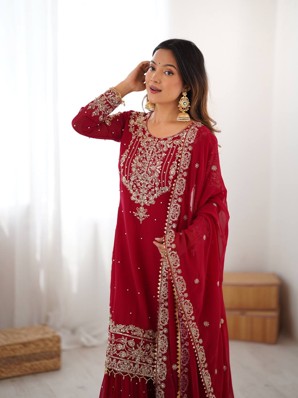 RED COLOR FAUX GEORGETTE FABRIC SEQUENCE AND THREAD WITH PEARL WORK SHARARA SET