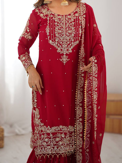 RED COLOR FAUX GEORGETTE FABRIC SEQUENCE AND THREAD WITH PEARL WORK SHARARA SET