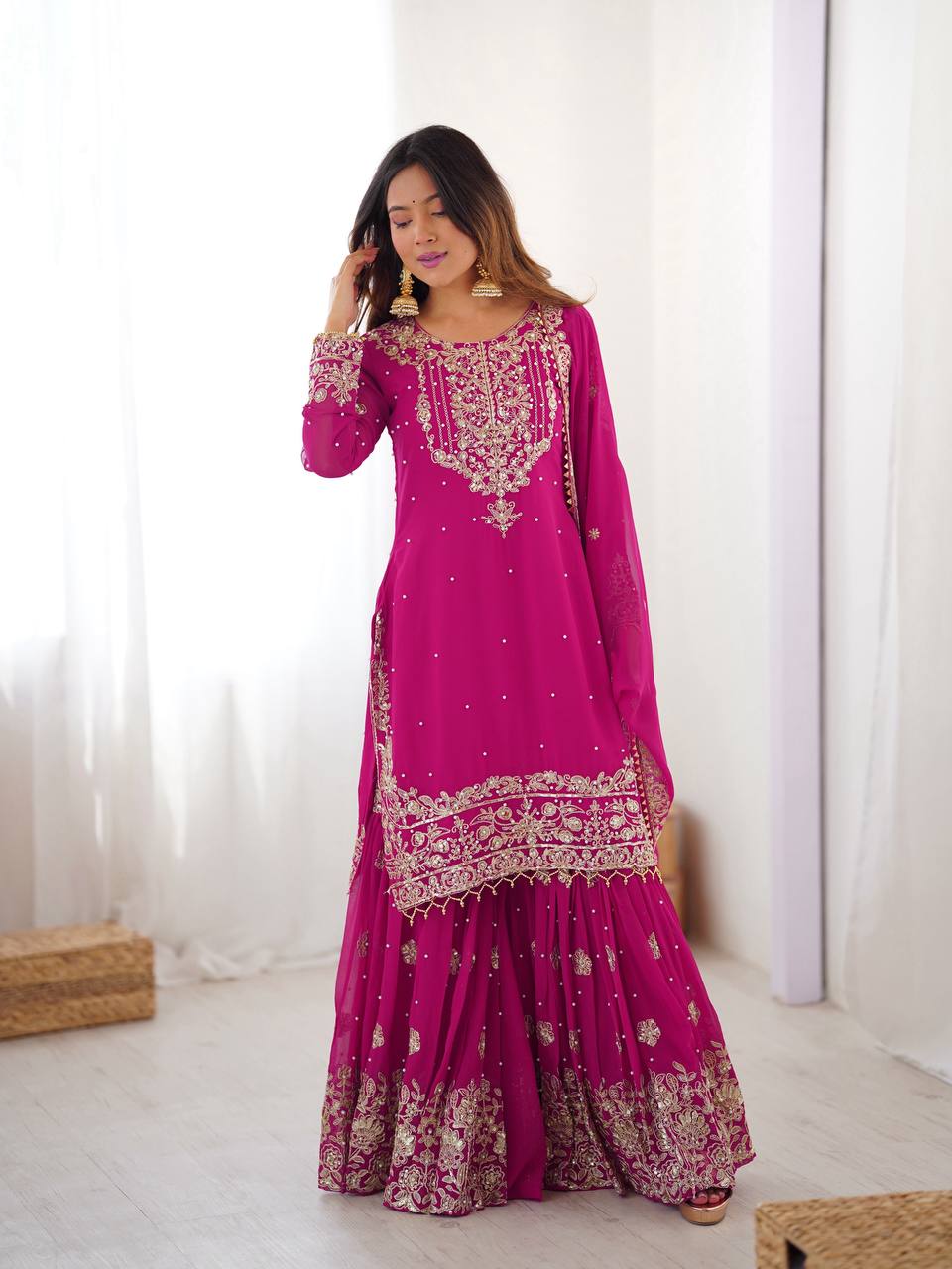 PINK COLOR FAUX GEORGETTE FABRIC SEQUENCE AND THREAD WITH PEARL WORK SHARARA SET