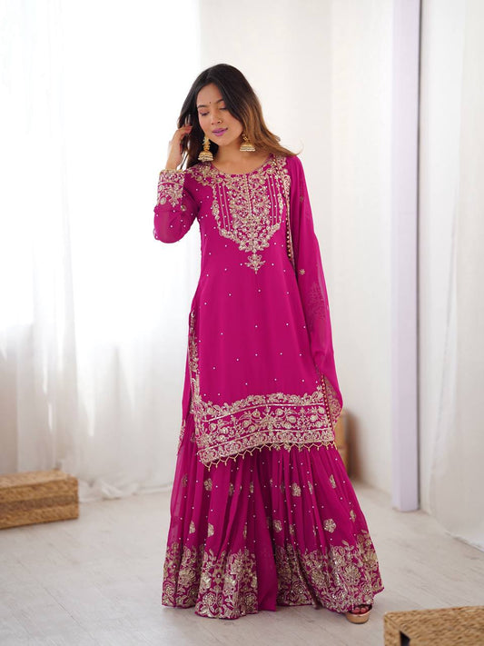 PINK COLOR FAUX GEORGETTE FABRIC SEQUENCE AND THREAD WITH PEARL WORK SHARARA SET