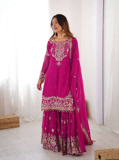 PINK COLOR FAUX GEORGETTE FABRIC SEQUENCE AND THREAD WITH PEARL WORK SHARARA SET