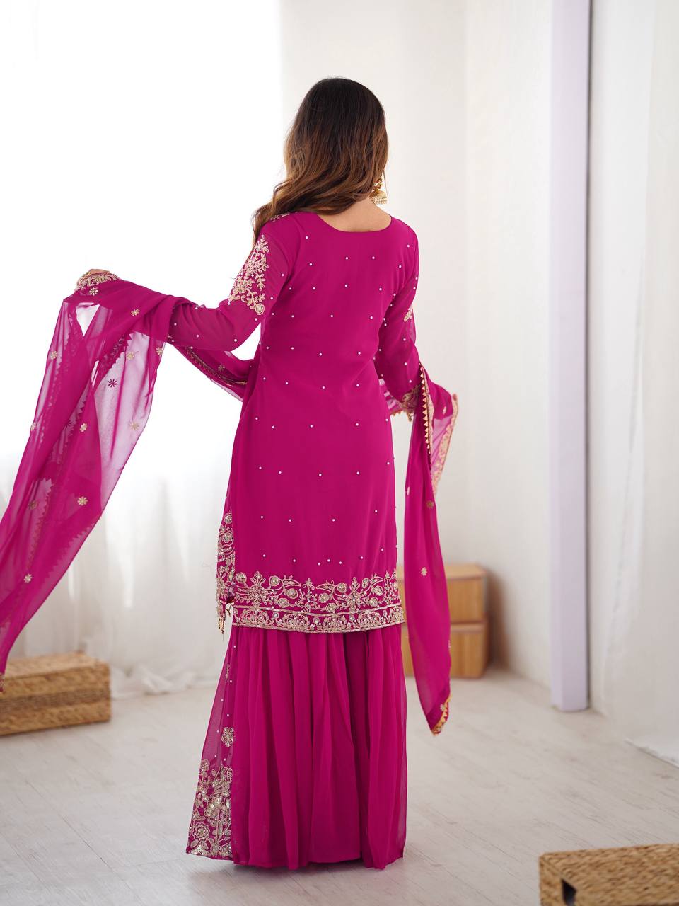PINK COLOR FAUX GEORGETTE FABRIC SEQUENCE AND THREAD WITH PEARL WORK SHARARA SET