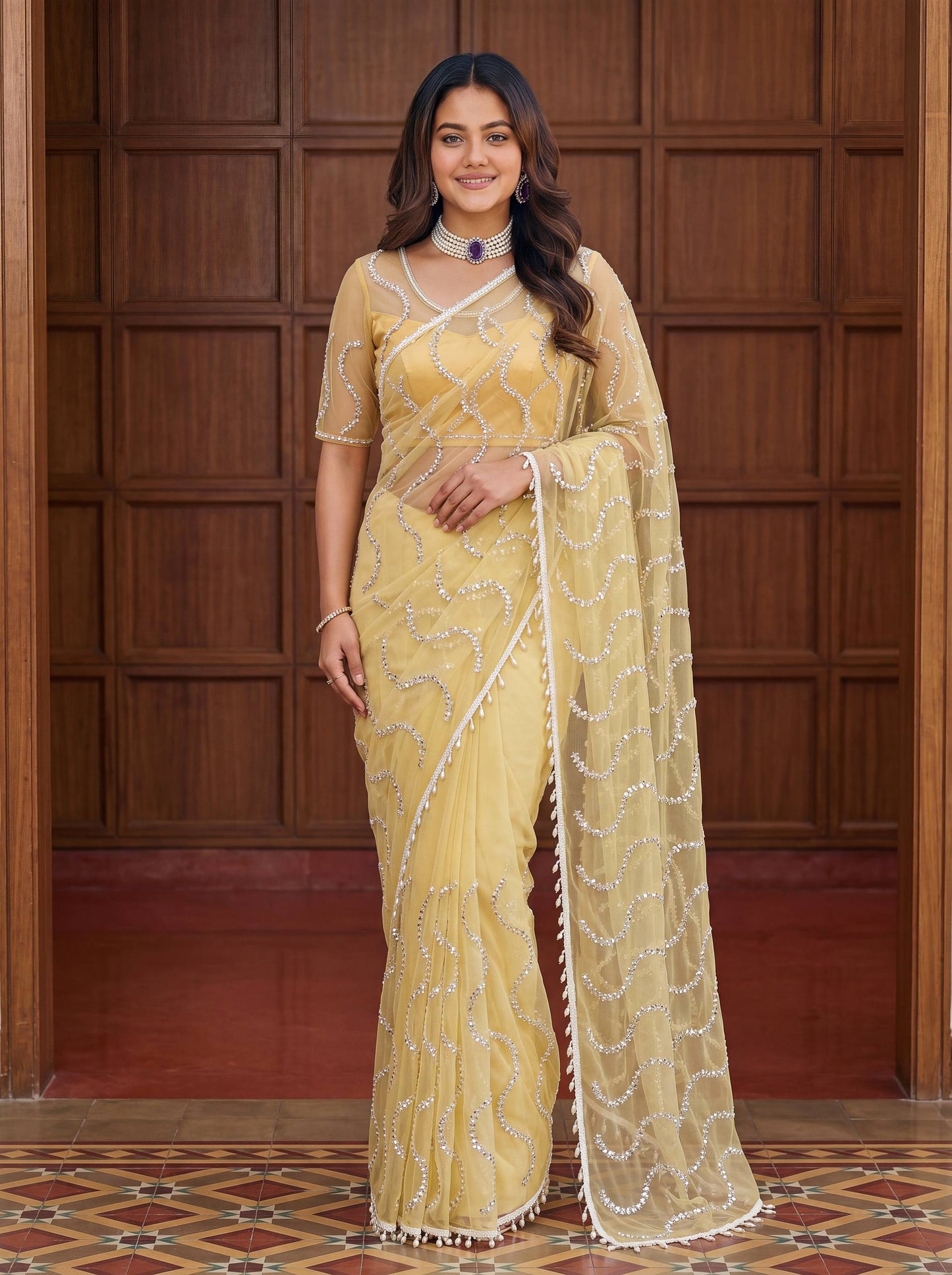 YELLOW COLOR DESIGNER LOOK HANDWORK SAREE