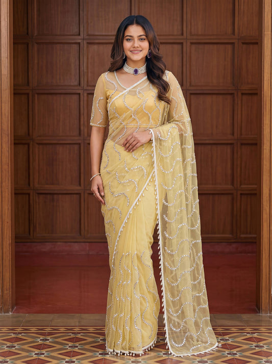 YELLOW COLOR DESIGNER LOOK HANDWORK SAREE
