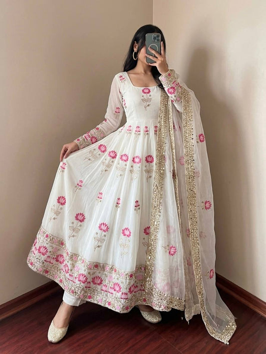 OFF WHITE FLORAL FENDY SILK BASE EMBROIDERED FLARED ANARKALI SUIT SET