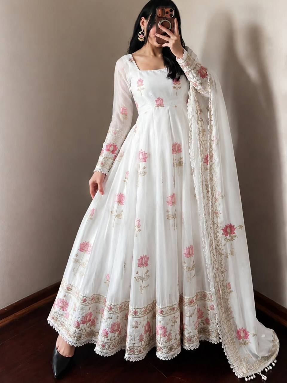 OFF WHITE FLORAL FENDY SILK BASE EMBROIDERED FLARED ANARKALI SUIT SET