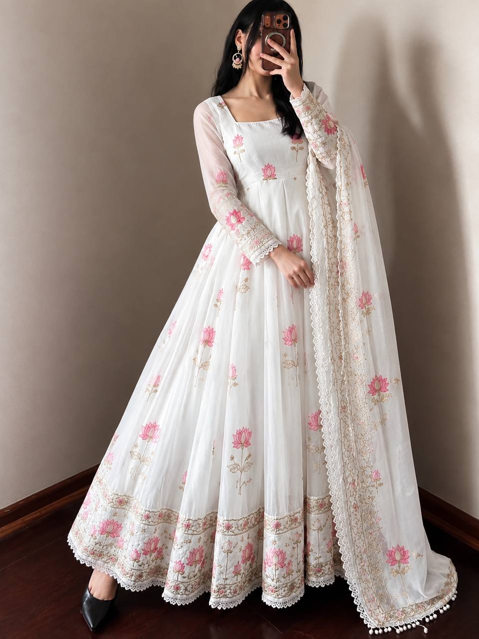 OFF WHITE FLORAL FENDY SILK BASE EMBROIDERED FLARED ANARKALI SUIT SET