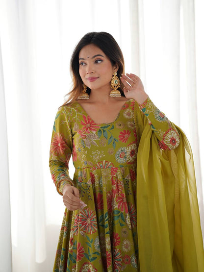 MEHENDI COLOR ROMAN SILK BASE PRINTED PLAZZO SUIT SET OF 3