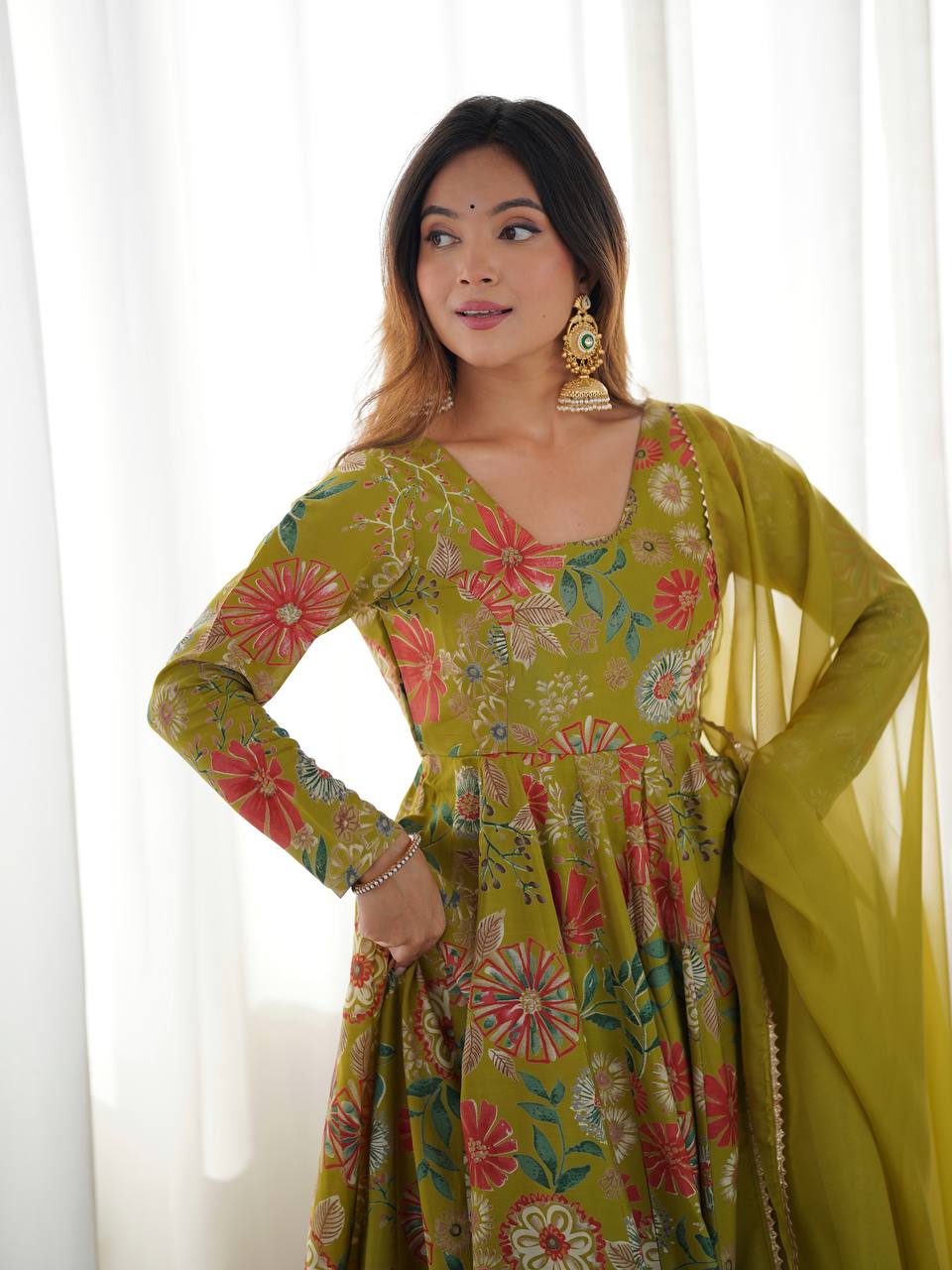 MEHENDI COLOR ROMAN SILK BASE PRINTED PLAZZO SUIT SET OF 3