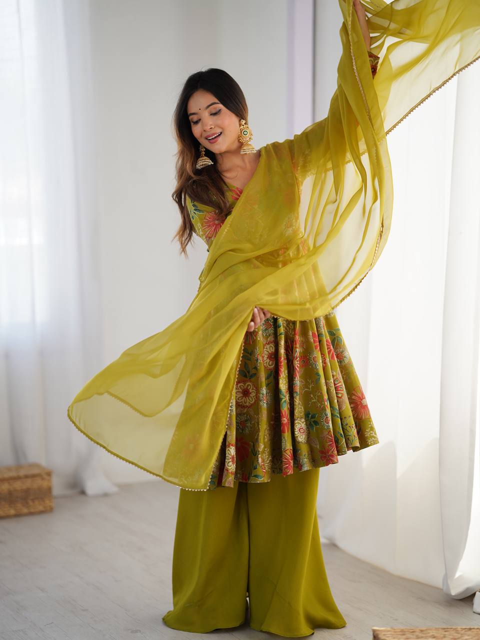 MEHENDI COLOR ROMAN SILK BASE PRINTED PLAZZO SUIT SET OF 3