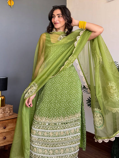 PARROT GREEN BANDHEJ MIRROR WORK KURTI SET