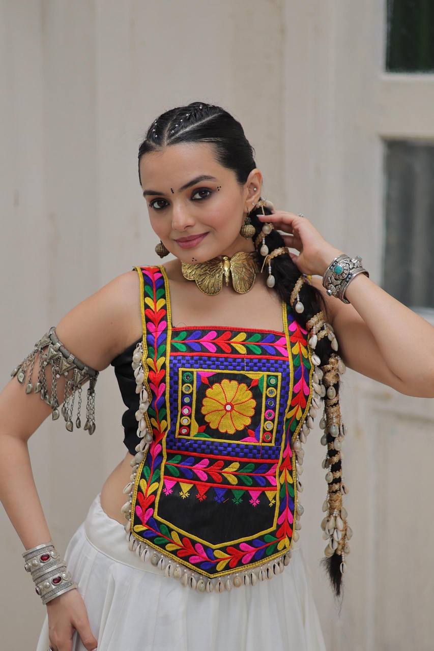 BLACK KUTCHI MIRROR EMBROIDERED SHELL TASSEL BLOUSE