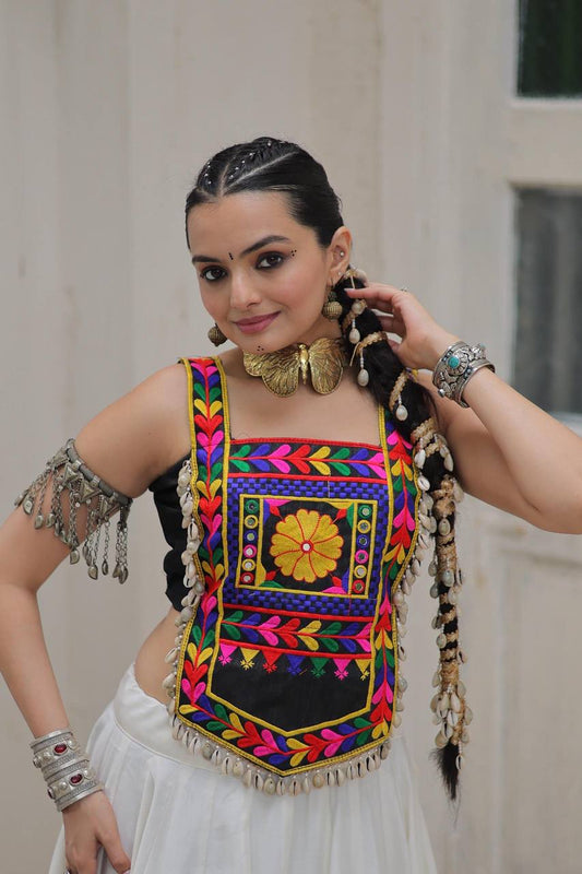 BLACK KUTCHI MIRROR EMBROIDERED SHELL TASSEL BLOUSE