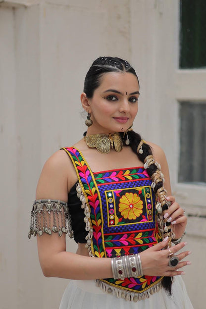 BLACK KUTCHI MIRROR EMBROIDERED SHELL TASSEL BLOUSE