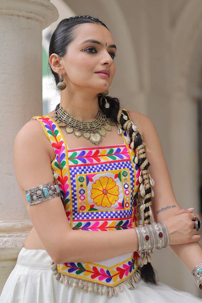 WHITE KUTCHI MIRROR EMBROIDERED SHELL TASSEL BLOUSE