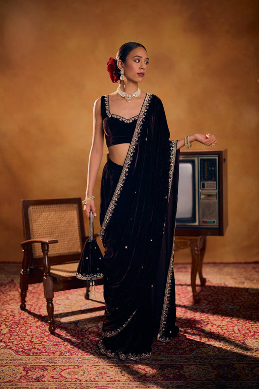 WEDDING SPECIAL VELVET SAREE WITH STITCHED BLOUSE