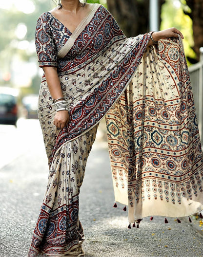 IVORY AJRAKH PRINT MIRROR WORK SAREE