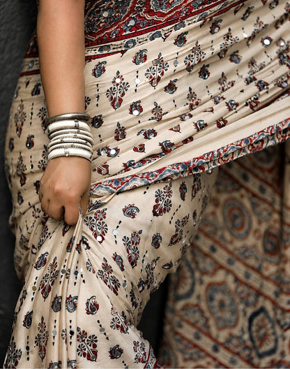 IVORY AJRAKH PRINT MIRROR WORK SAREE