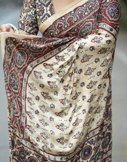 IVORY AJRAKH PRINT MIRROR WORK SAREE