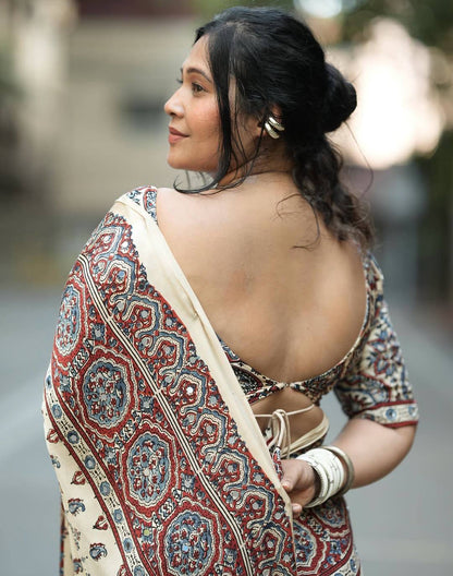 IVORY AJRAKH PRINT MIRROR WORK SAREE