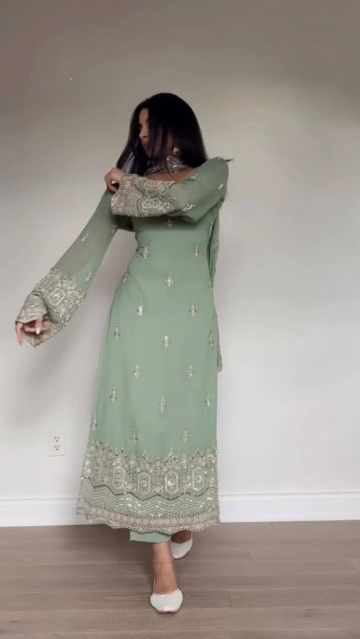 PISTA FAUX GEORGETTE BEAUTIFUL EMBROIDERED WORK SUIT SET