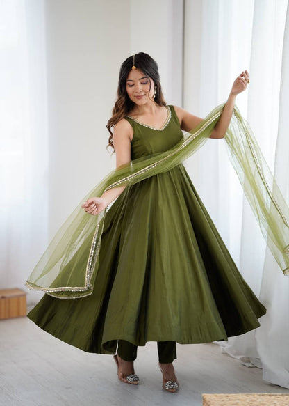 MAHENDI COLOR PURE ROMANSILK CHANDERI FABRIC BASE FULLY FLAIR ANARKALI SUIT SET OF 3