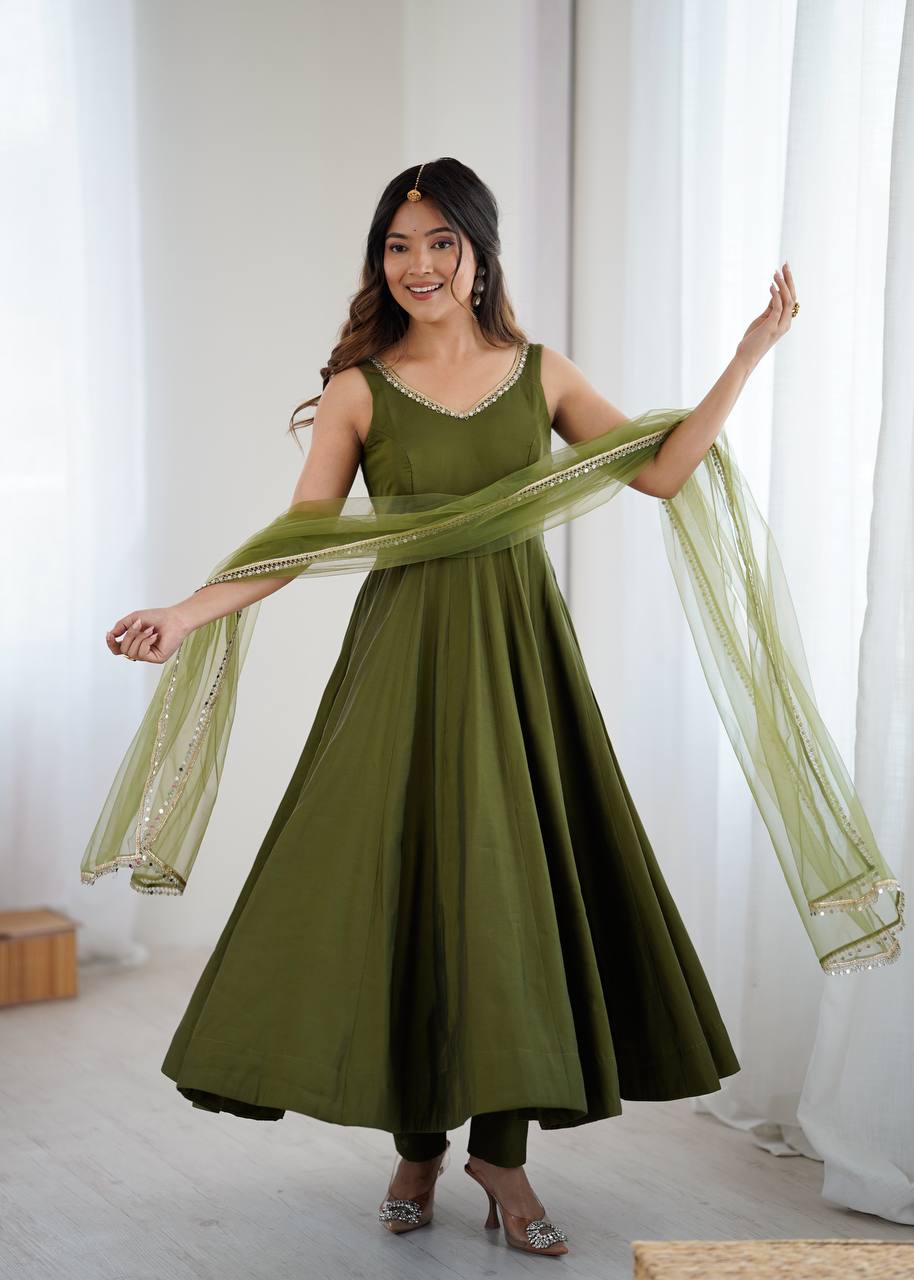 MAHENDI COLOR PURE ROMANSILK CHANDERI FABRIC BASE FULLY FLAIR ANARKALI SUIT SET OF 3