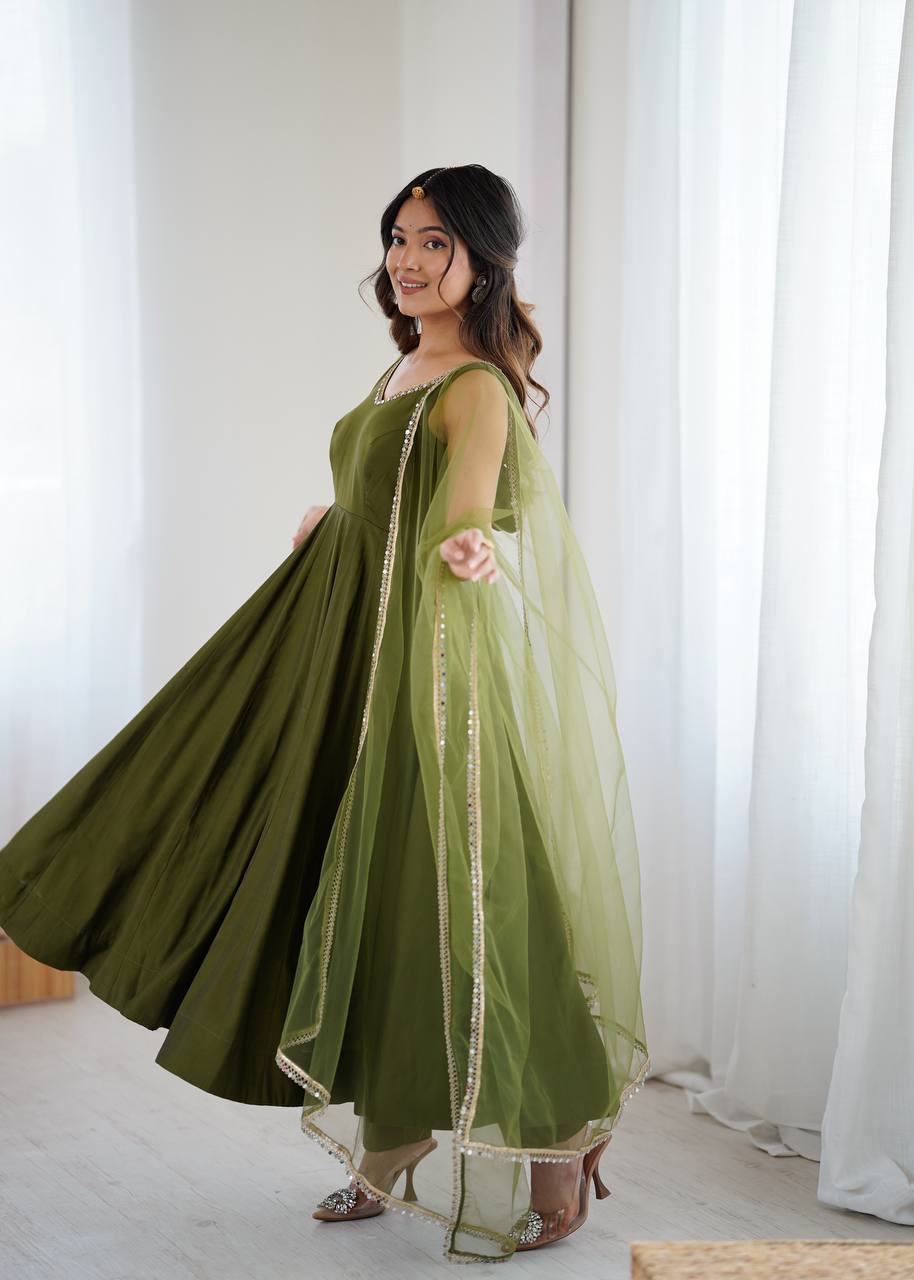 MAHENDI COLOR PURE ROMANSILK CHANDERI FABRIC BASE FULLY FLAIR ANARKALI SUIT SET OF 3