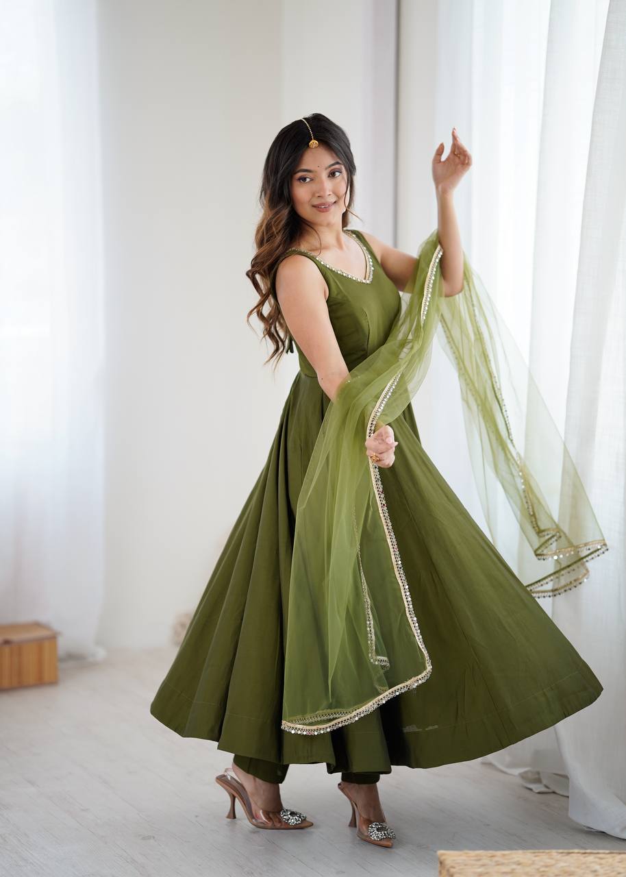 MAHENDI COLOR PURE ROMANSILK CHANDERI FABRIC BASE FULLY FLAIR ANARKALI SUIT SET OF 3