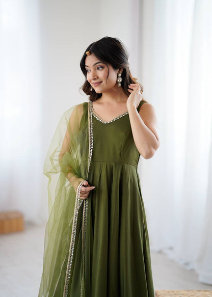 MAHENDI COLOR PURE ROMANSILK CHANDERI FABRIC BASE FULLY FLAIR ANARKALI SUIT SET OF 3