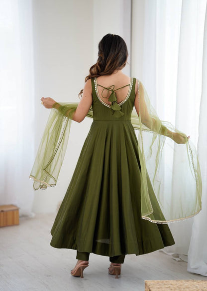 MAHENDI COLOR PURE ROMANSILK CHANDERI FABRIC BASE FULLY FLAIR ANARKALI SUIT SET OF 3
