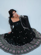 BLACK LUXE FENDY SILK ANARKALI GOWN SET