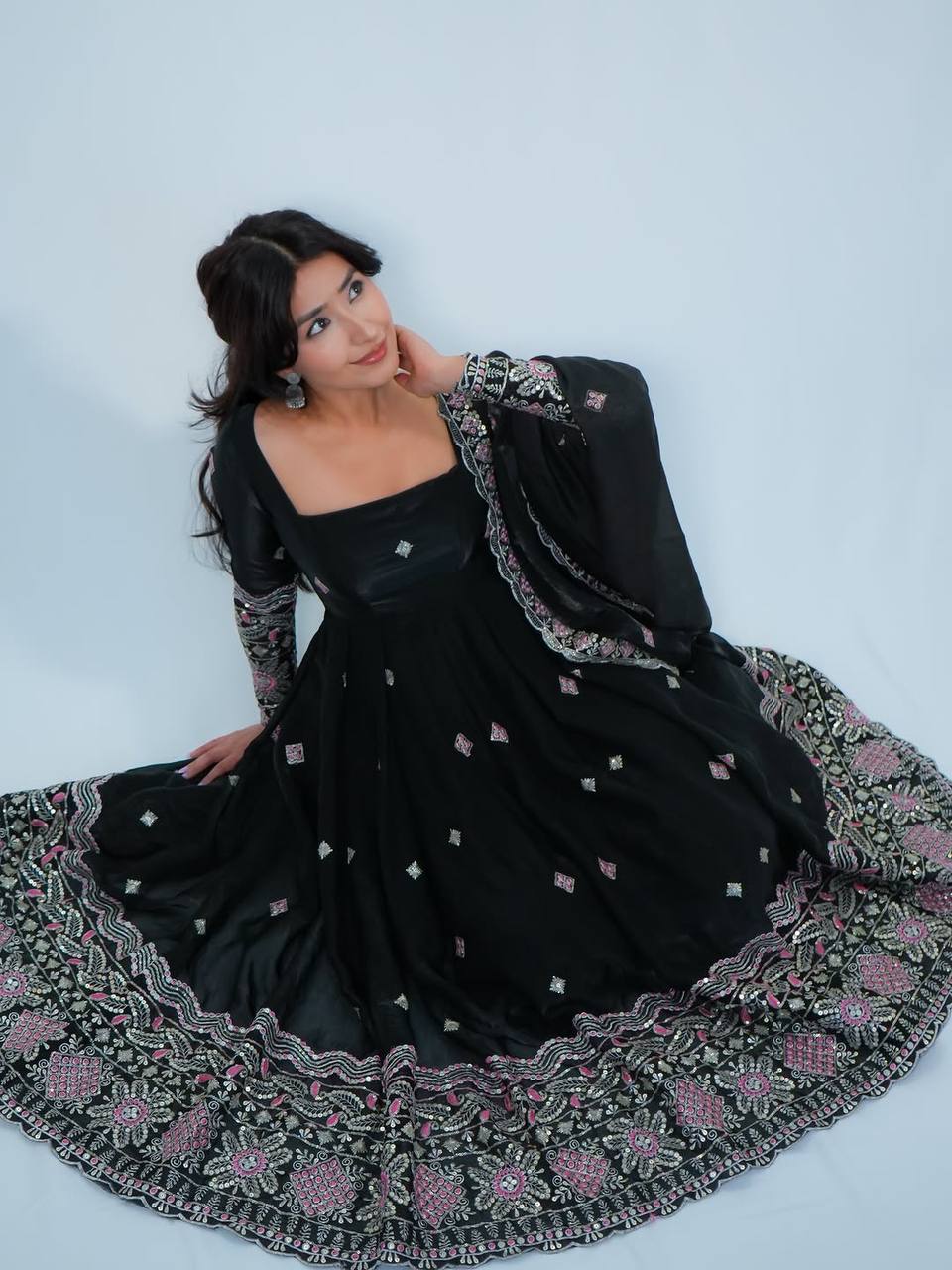 BLACK LUXE FENDY SILK ANARKALI GOWN SET