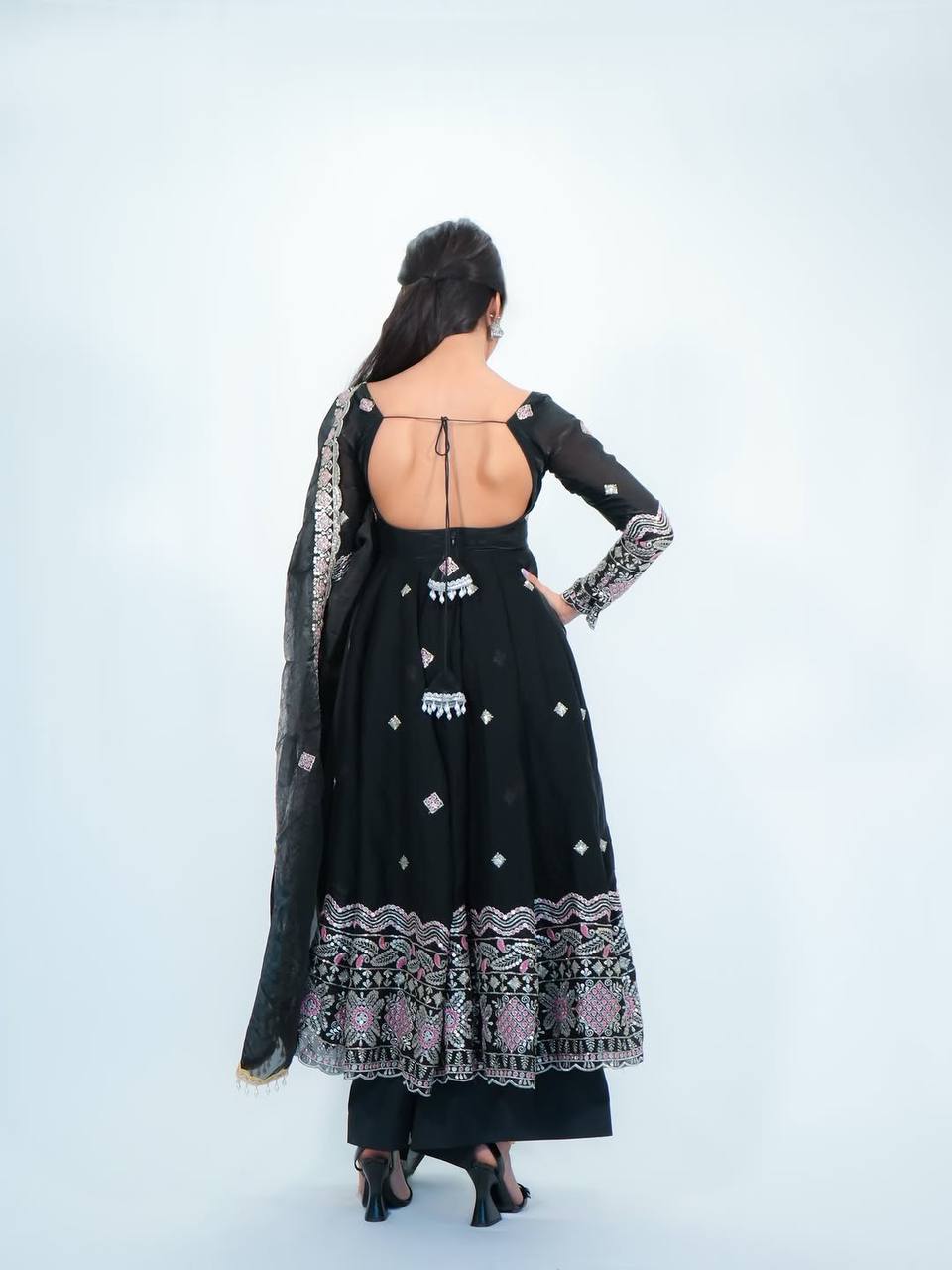 BLACK LUXE FENDY SILK ANARKALI GOWN SET