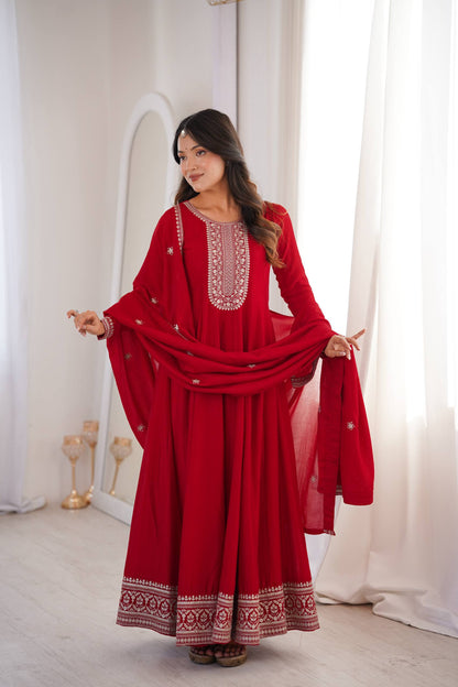 DARK RED COLOR VICHITRA SILK EMBROIDERED GOWN