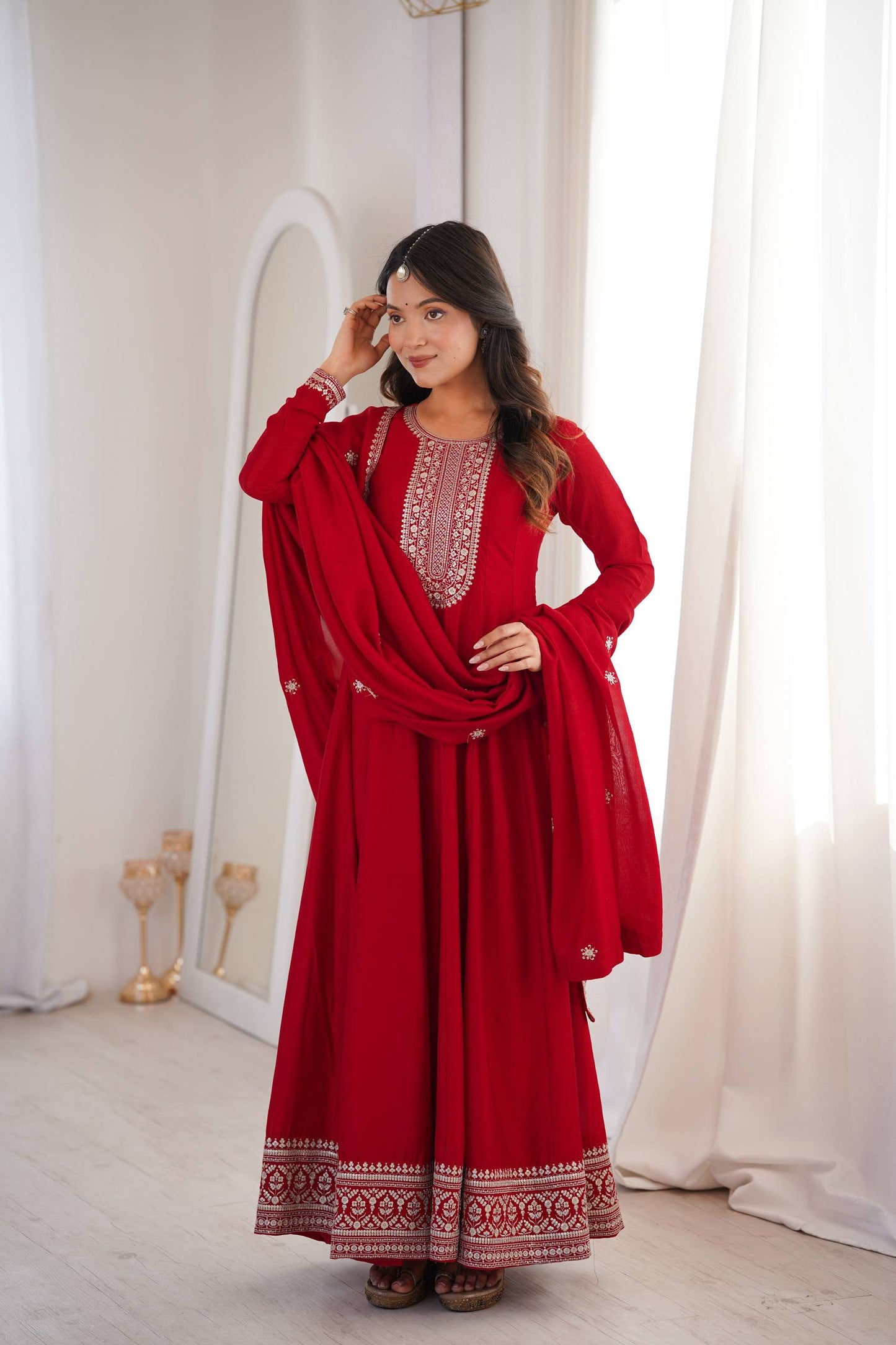 DARK RED COLOR VICHITRA SILK EMBROIDERED GOWN
