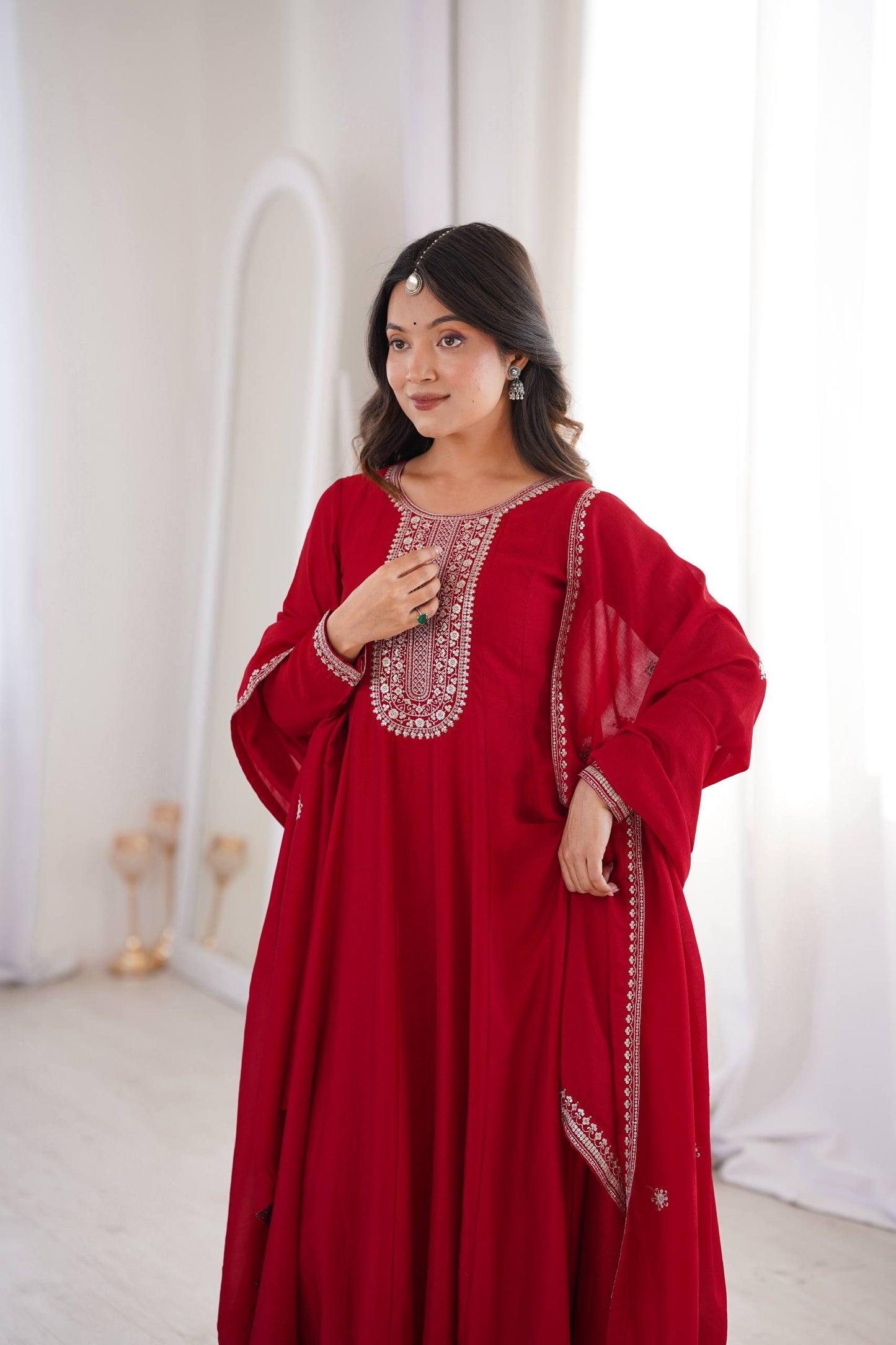 DARK RED COLOR VICHITRA SILK EMBROIDERED GOWN